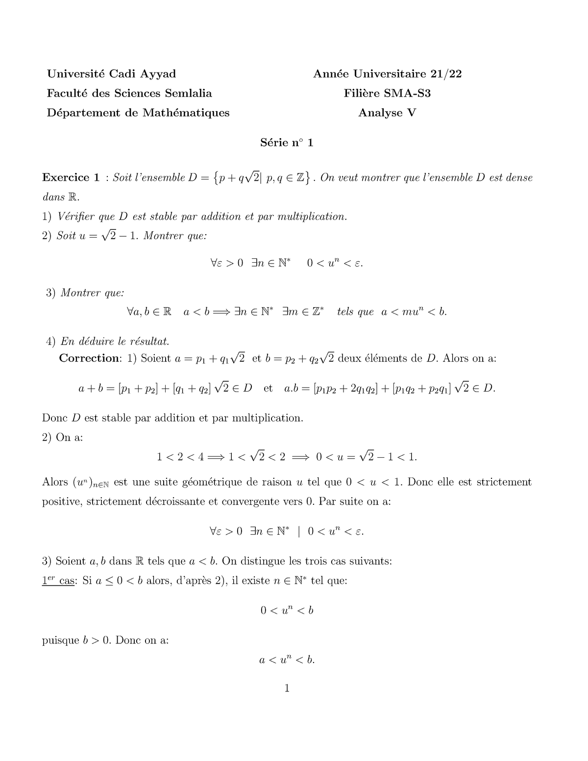 Correction Loumi TD Analyse 5 Serie 1 21 22 - Universit ́e Cadi Ayyad ...