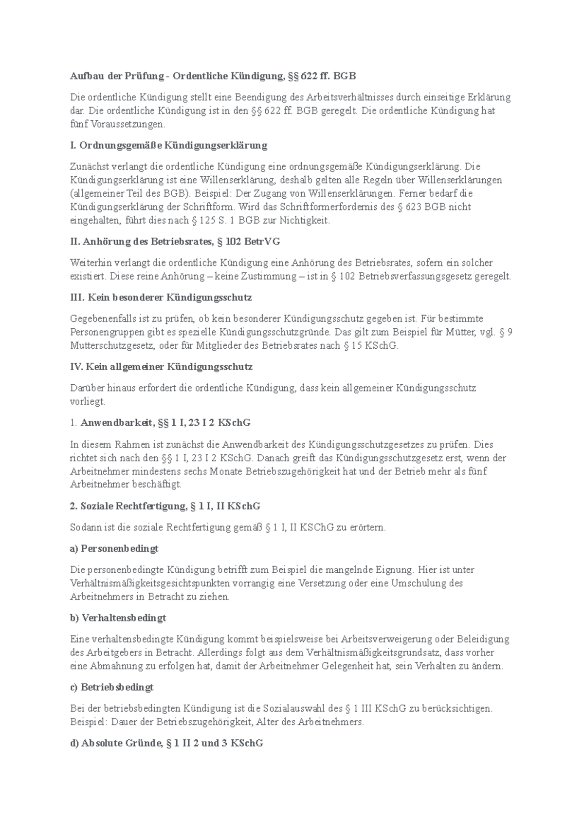 Aufbau der Prüfung - Ordentliche Kündigung, §§ 622 ff. BGB - BGB Die ordentliche Kündigung ...