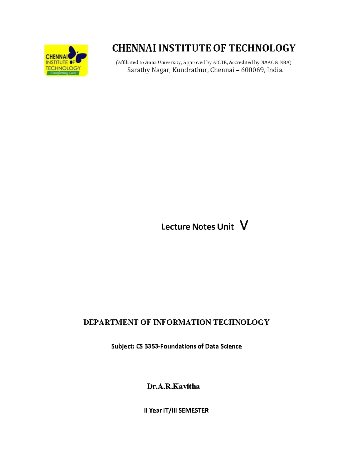 unit 5 DATA SCIENCE - V DEPARTMENT OF INFORMATION TECHNOLOGY Subject ...