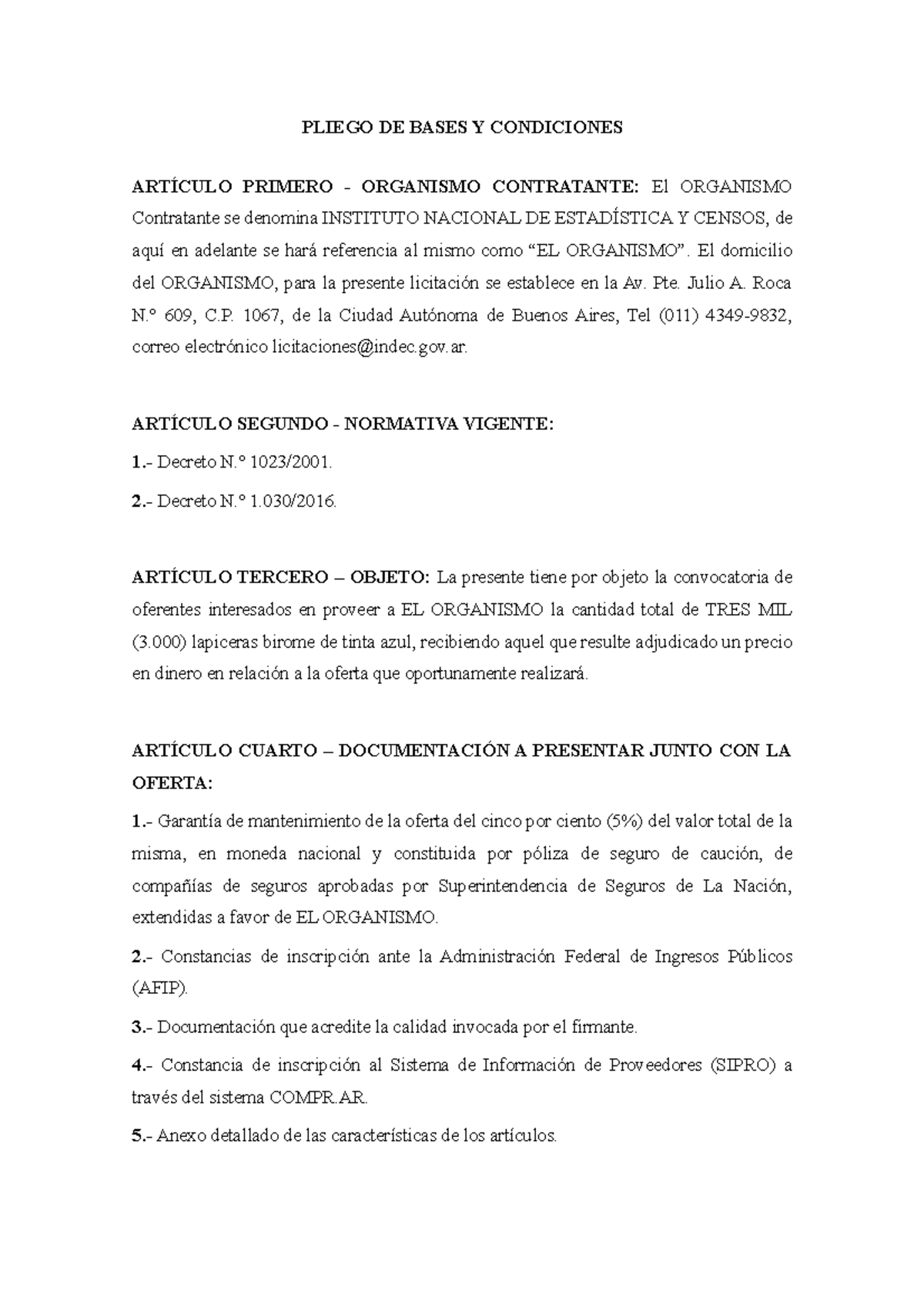 Pliego DE Bases Y Condiciones - PLIEGO DE BASES Y CONDICIONES ARTÍCULO ...