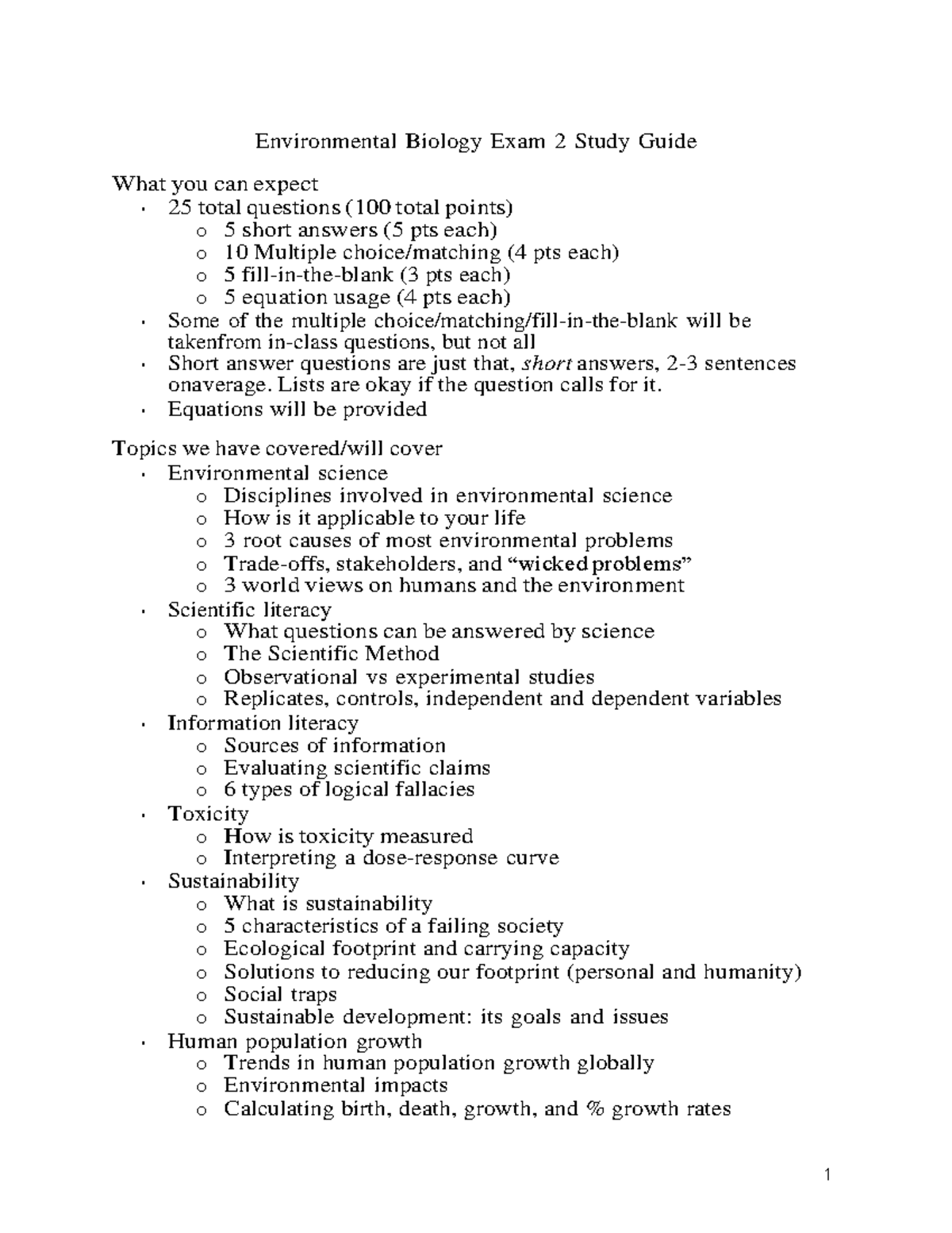 Environmental Biology Exam 2 Study Guide - 1 Environmental Biology Exam ...