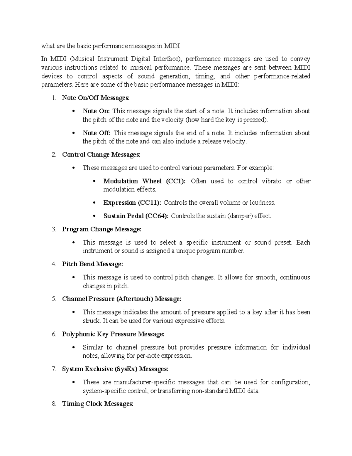 Performance messages in MIDI - These messages are sent between MIDI ...