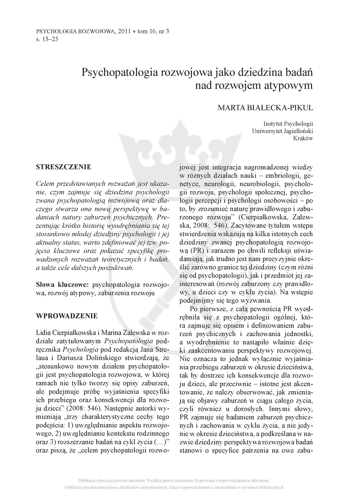 Psychopatologia Rozwojowa Jako Dziedzina Badań Nad Rozwojem Atypowym ...