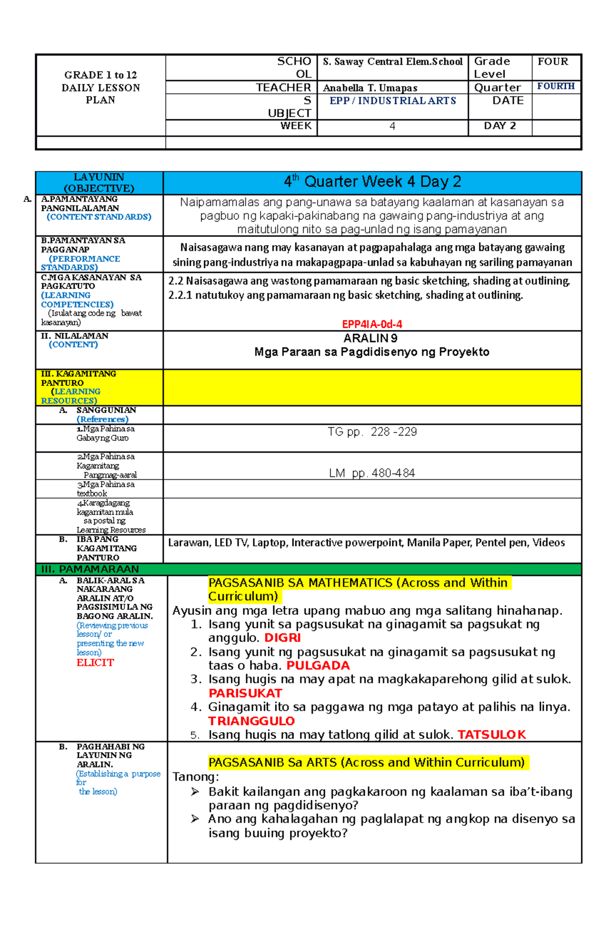 EPP 4 COT 2 - Classroom Observation - GRADE 1 to 12 DAILY LESSON PLAN ...