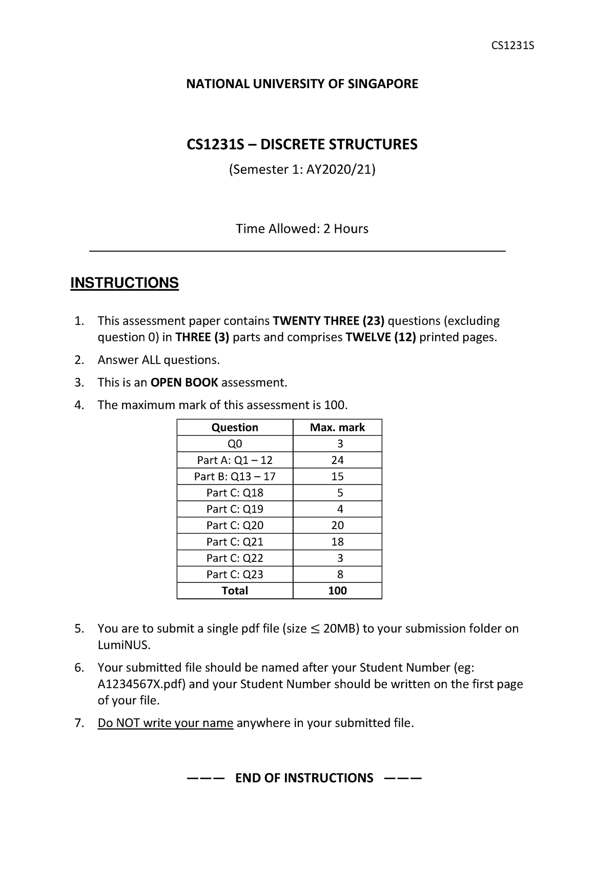 Cs1231s Exam20s1 Qns - NATIONAL UNIVERSITY OF SINGAPORE CS1231S ...