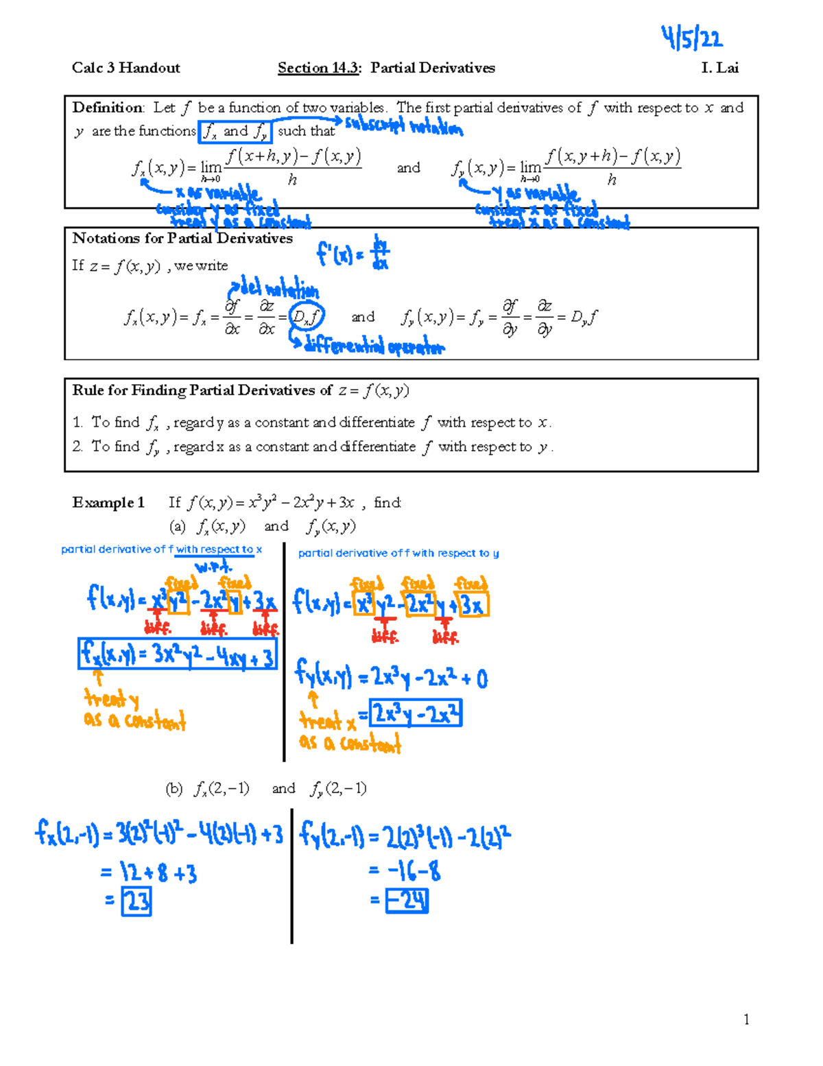 Partial Derivatives Lesson 14.3 - 1 Calc 3 Handout Section 14: Partial ...