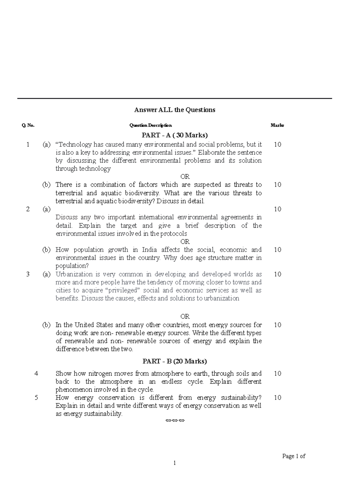 Enviromental studies assigment 1 - Answer ALL the Questions Q. No ...