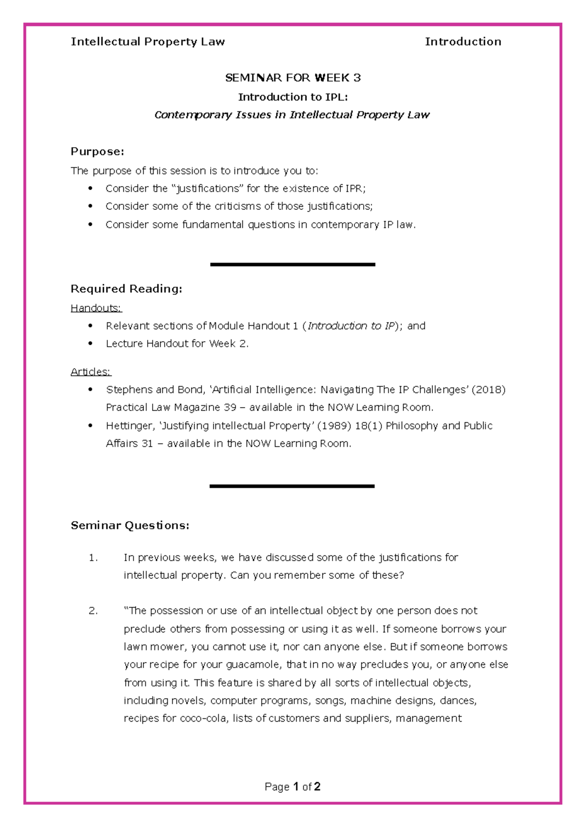 Seminar for Week 3 Contemporary Issues in IP Law - Intellectual ...