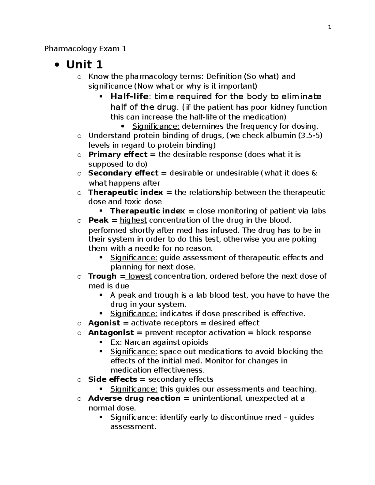 Pharmacology Exam 1 - This Is A Study Guide For Exam 1. - Pharmacology ...