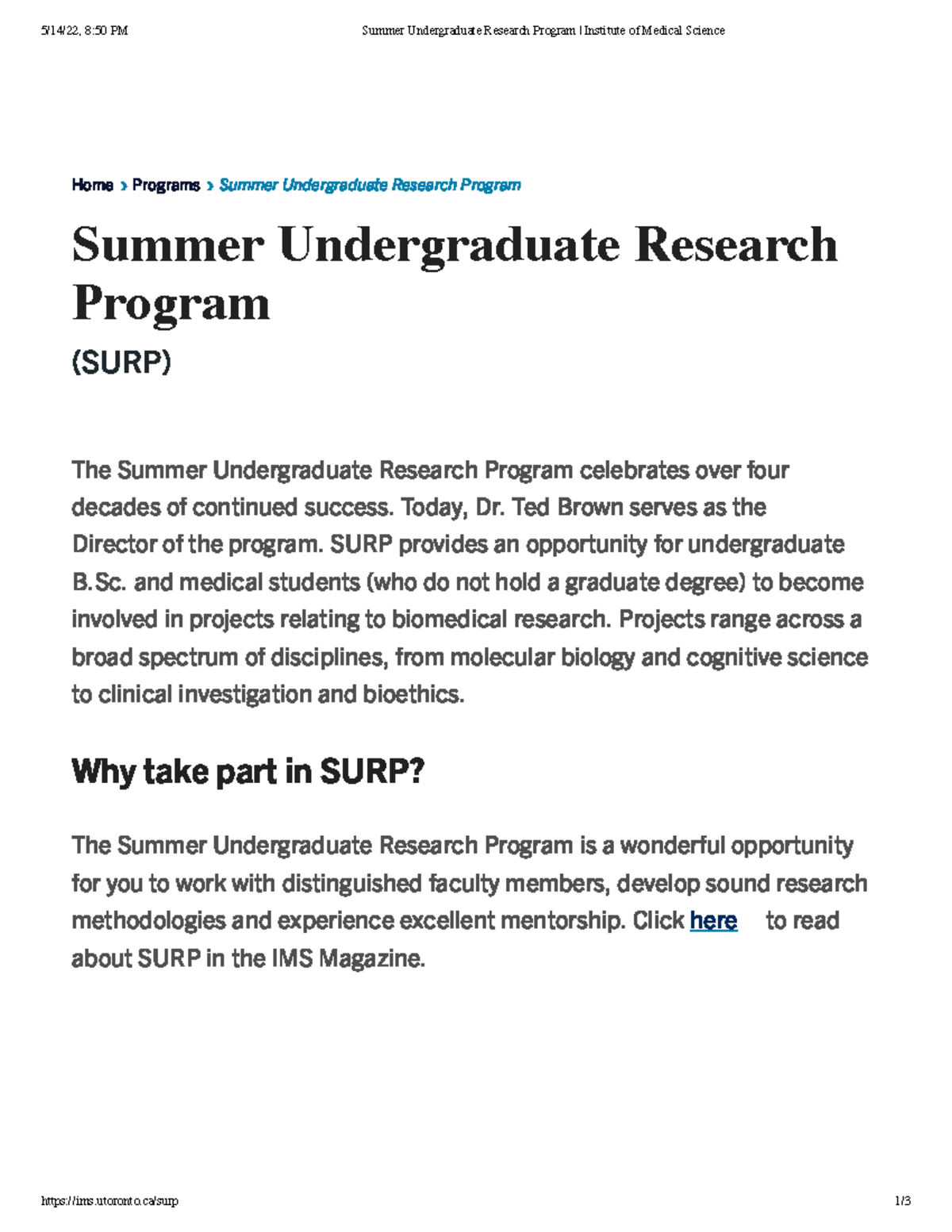 Summer Undergraduate Research Program Institute of Medical Science