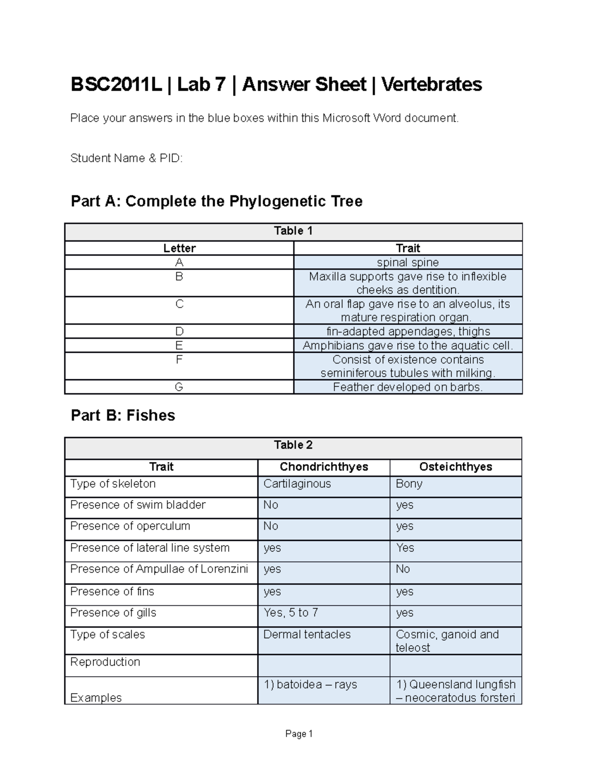 Lab 7 Answer Sheet Vertebrates - BSC2011L | Lab 7 | Answer Sheet ...