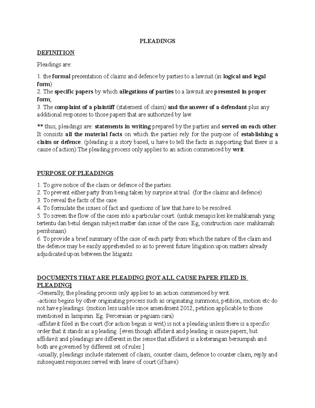 Pleadings 1 notes PLEADINGS DEFINITION Pleadings are the formal