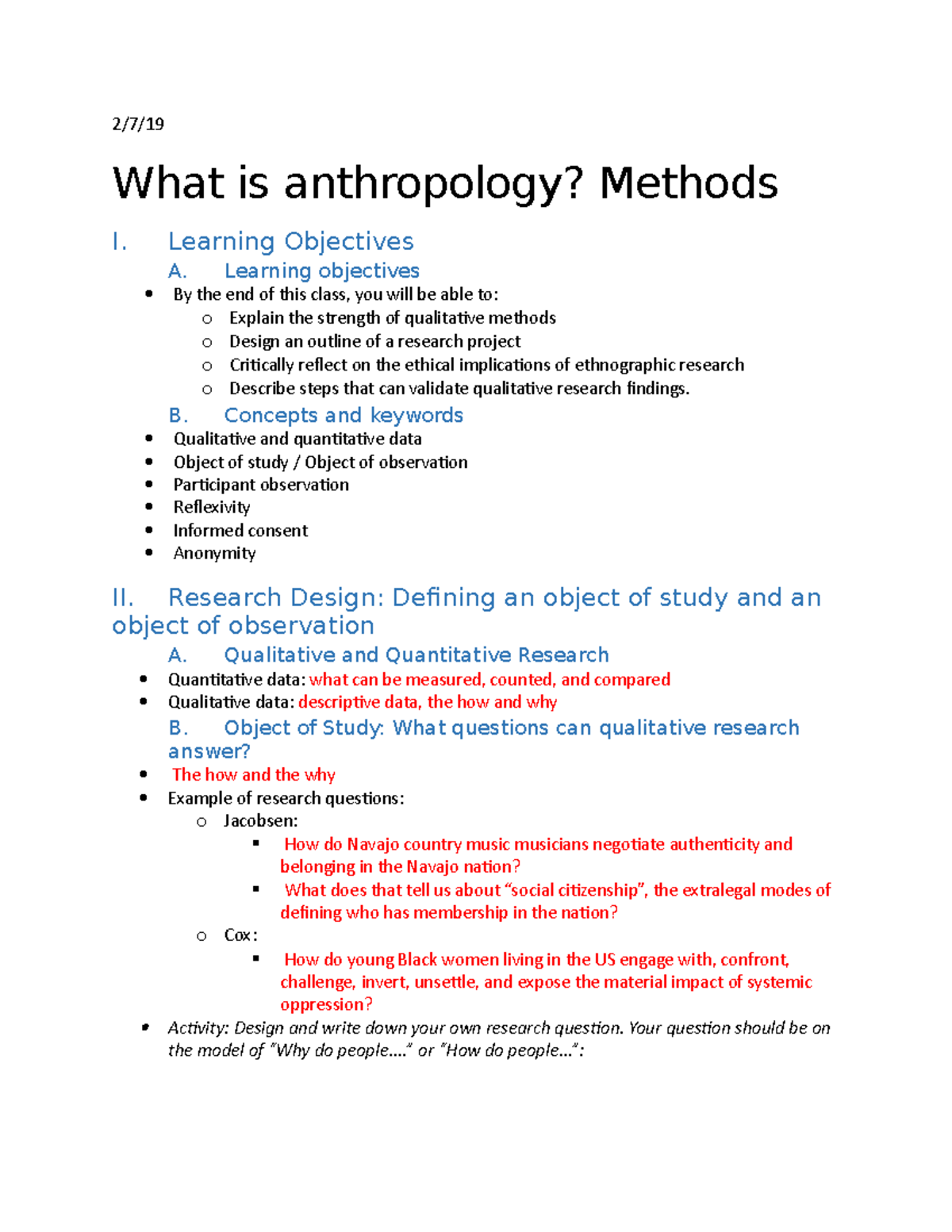 2 7 lecture notes 2/7/ What is anthropology? Methods I. Learning