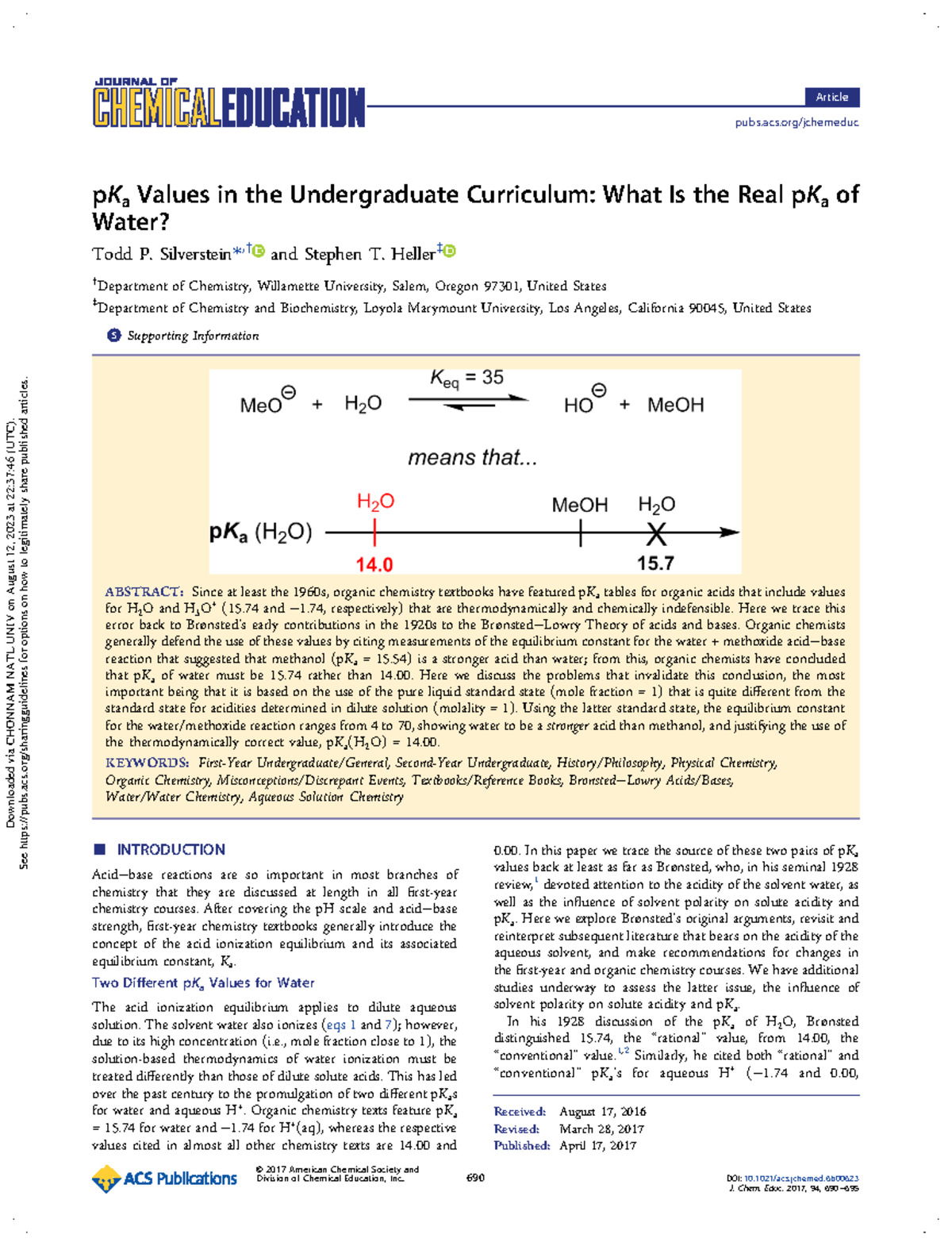 P Ka of H2O-1 - Good - pKa Values in the Undergraduate Curriculum: What ...