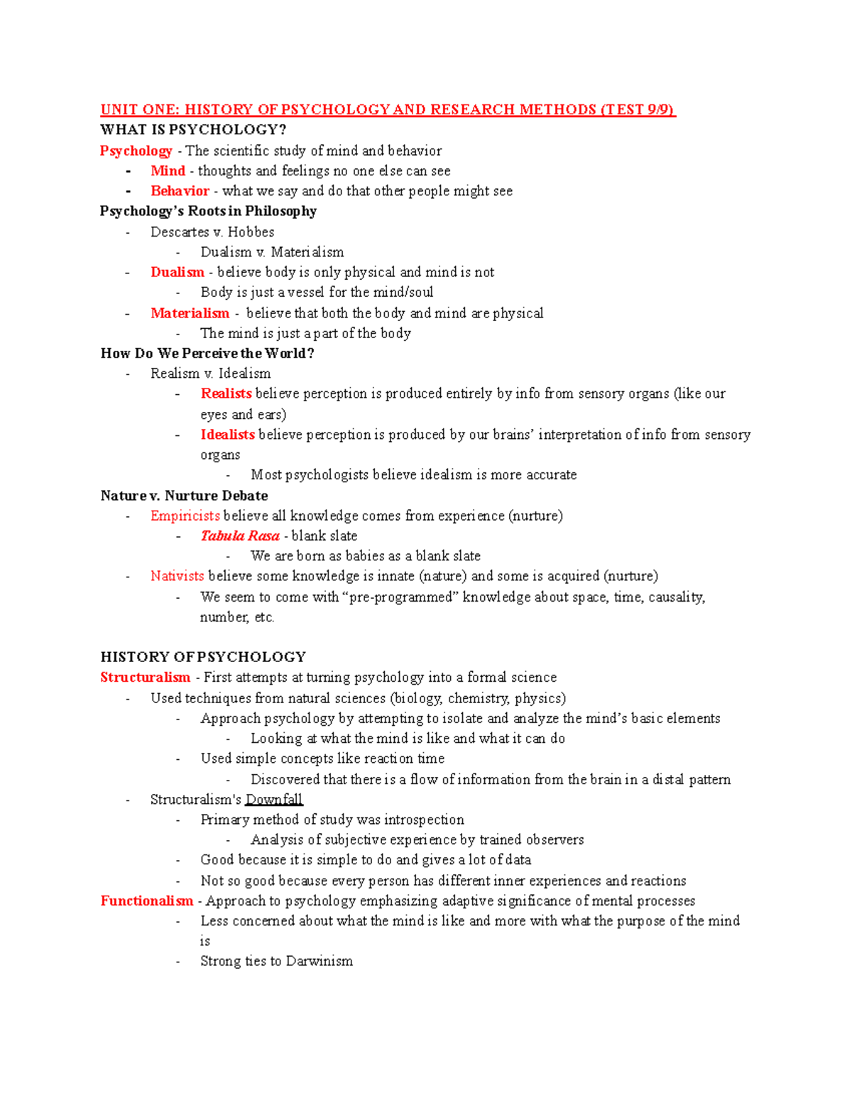 Intro to Psychology Notes - UNIT ONE: HISTORY OF PSYCHOLOGY AND ...