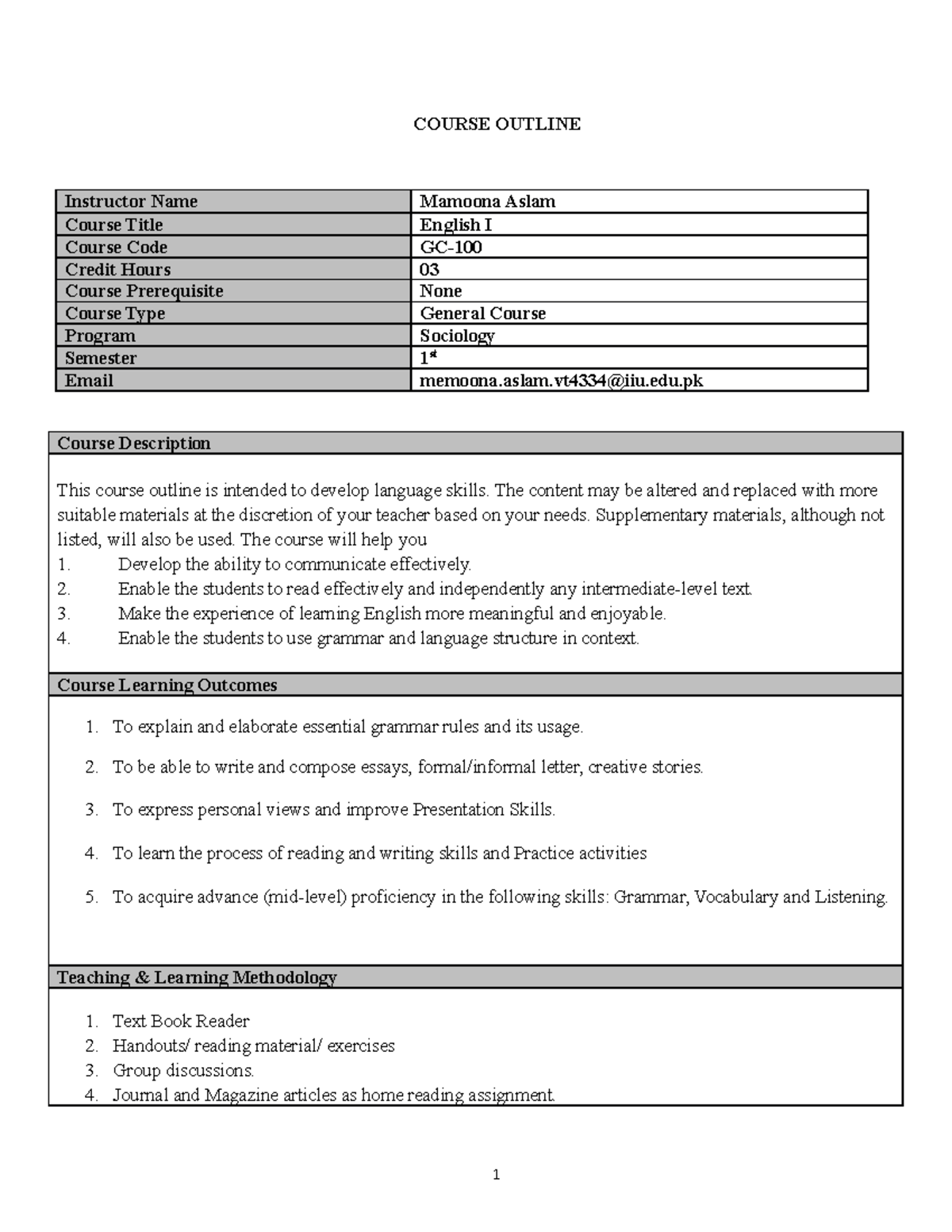 Course outline BS3 Sociology - COURSE OUTLINE Instructor Name Mamoona ...
