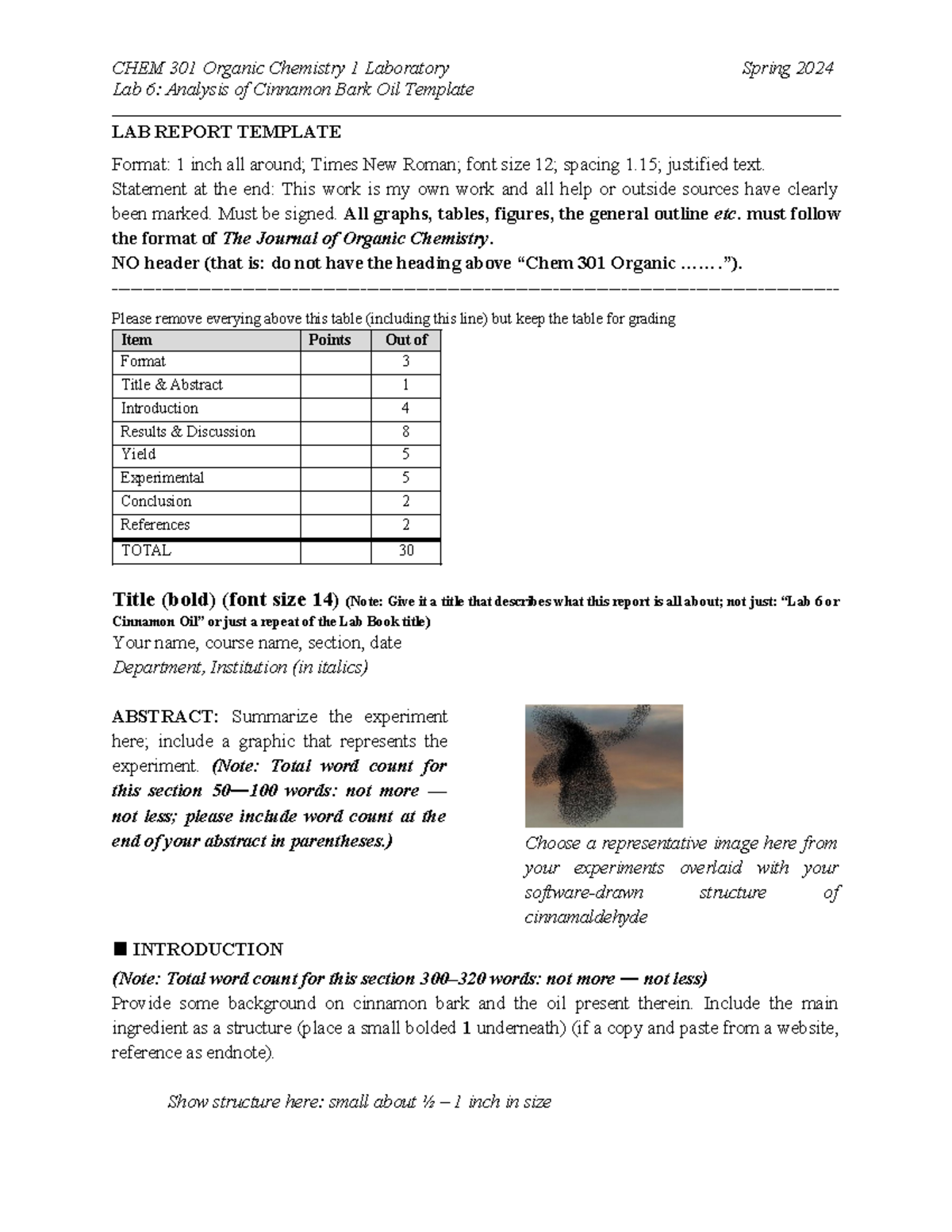CHEM301L Lab 4-6 Cinnamon Bark Oil Lab Report Template Fa24 - Lab 6 ...
