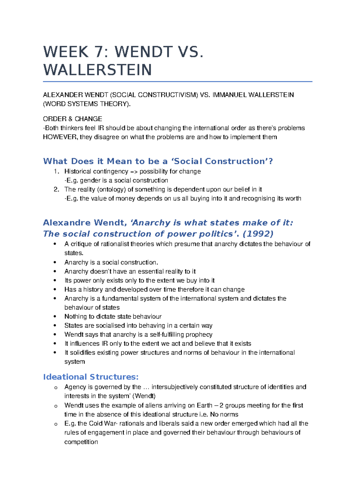 WEEK 7- Wendt & Wallerstein - WEEK 7: WENDT VS. WALLERSTEIN ALEXANDER ...