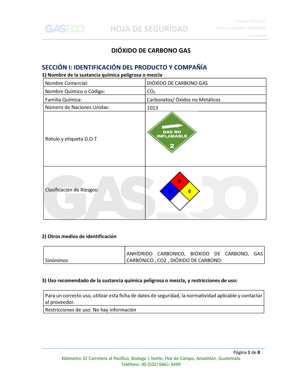 Reac 017 Hoja De Seguridad Co2 Gas Hoja De Seguridad Fecha De Revisión 1808 Versión 03 2951