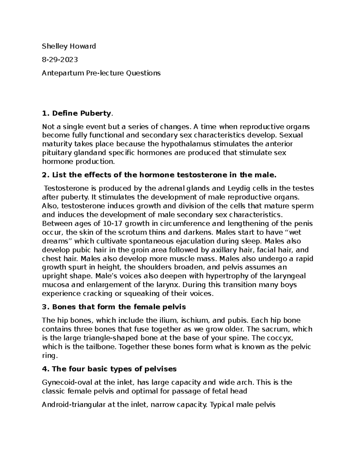 ANtepartum prelect - pre lecture question - Shelley Howard 8-29 ...