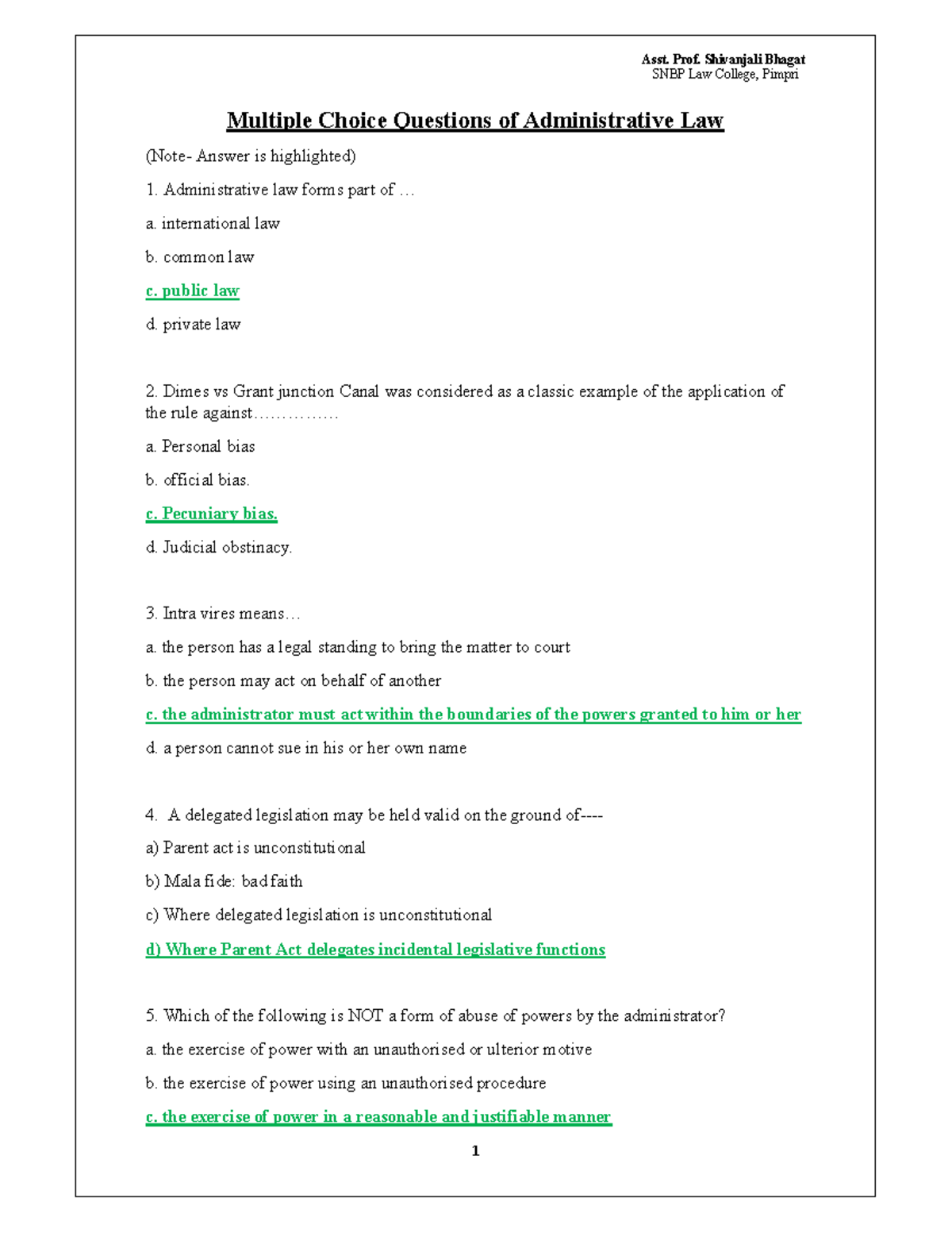 SNBP Law College Pimpri Solved MCQ's On Administrative Law - Multiple ...