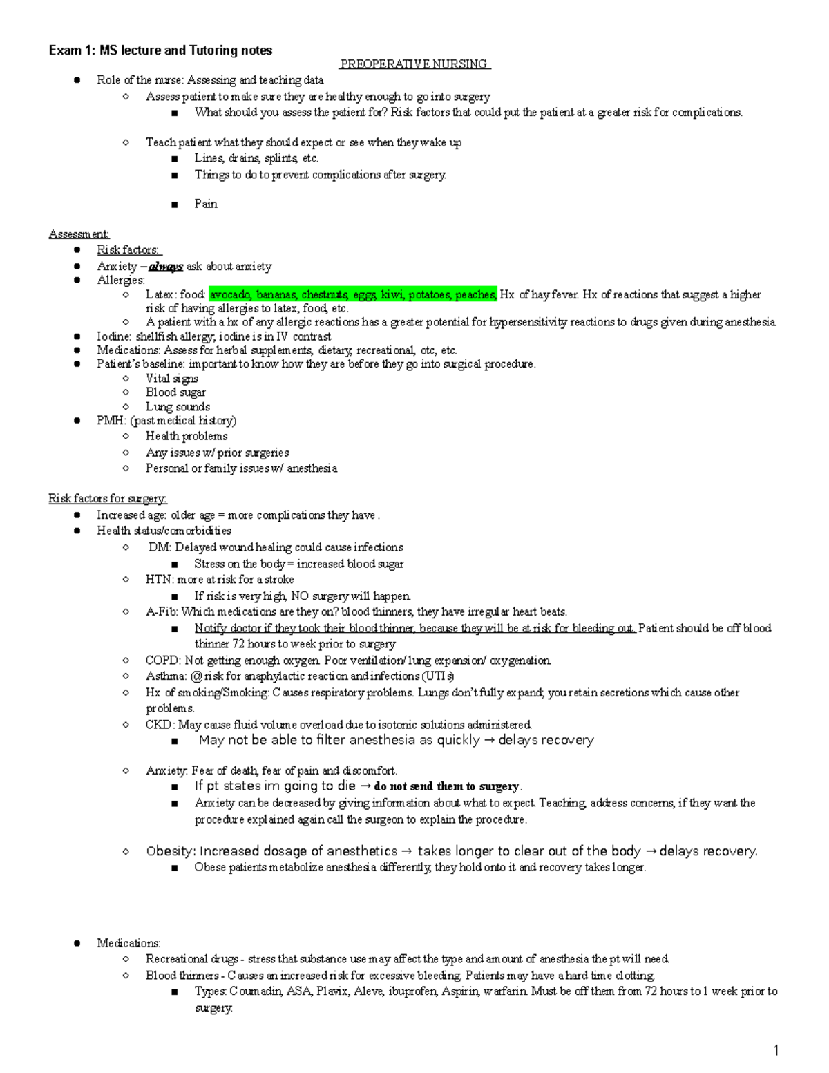Exam 1 MS lect and Tutoring notes - PREOPERATIVE NURSING Role of the ...