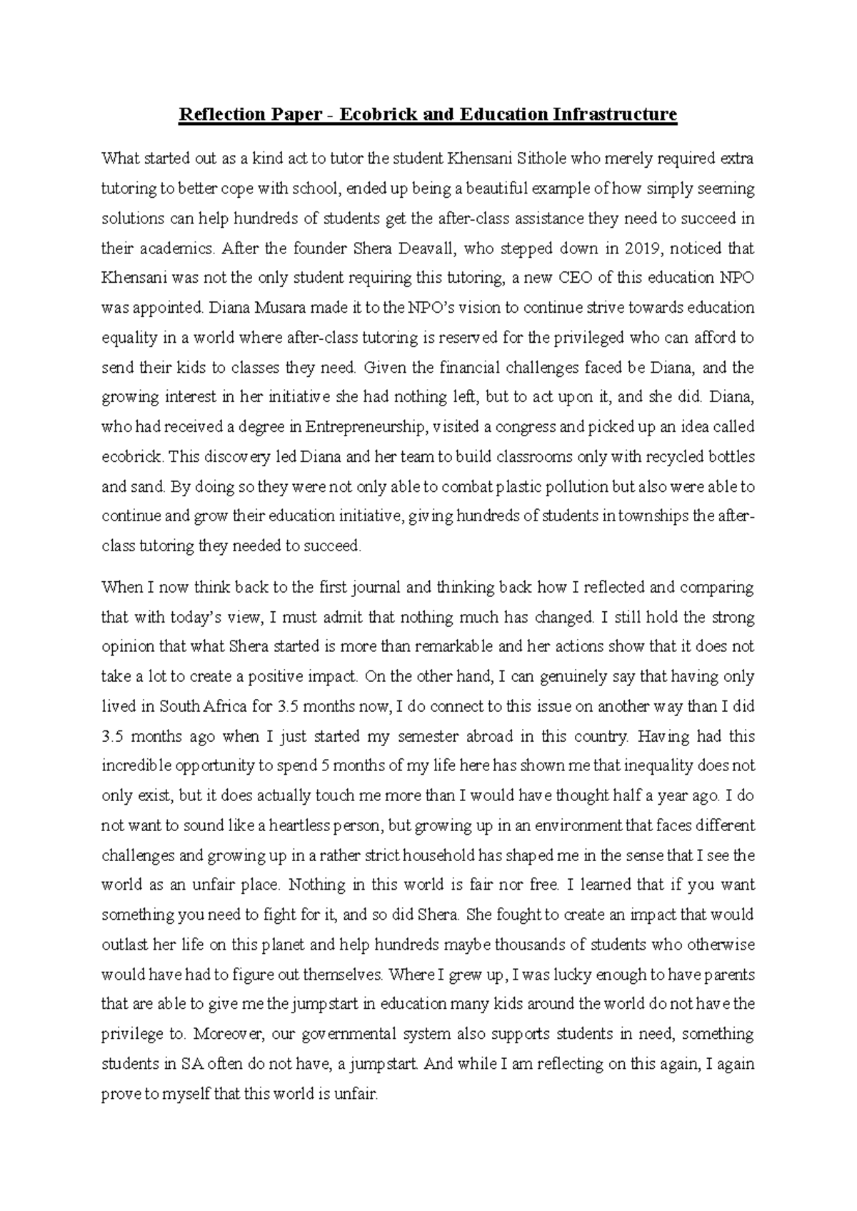 OBS371 Reflection Paper 2 - Reflection Paper - Ecobrick and Education ...