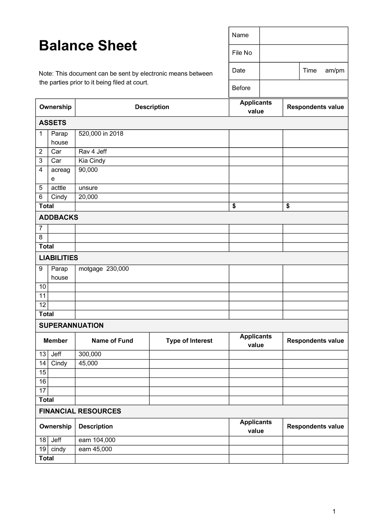 Balance sheet (Family Law Matters) - 1 Balance Sheet Note: This ...