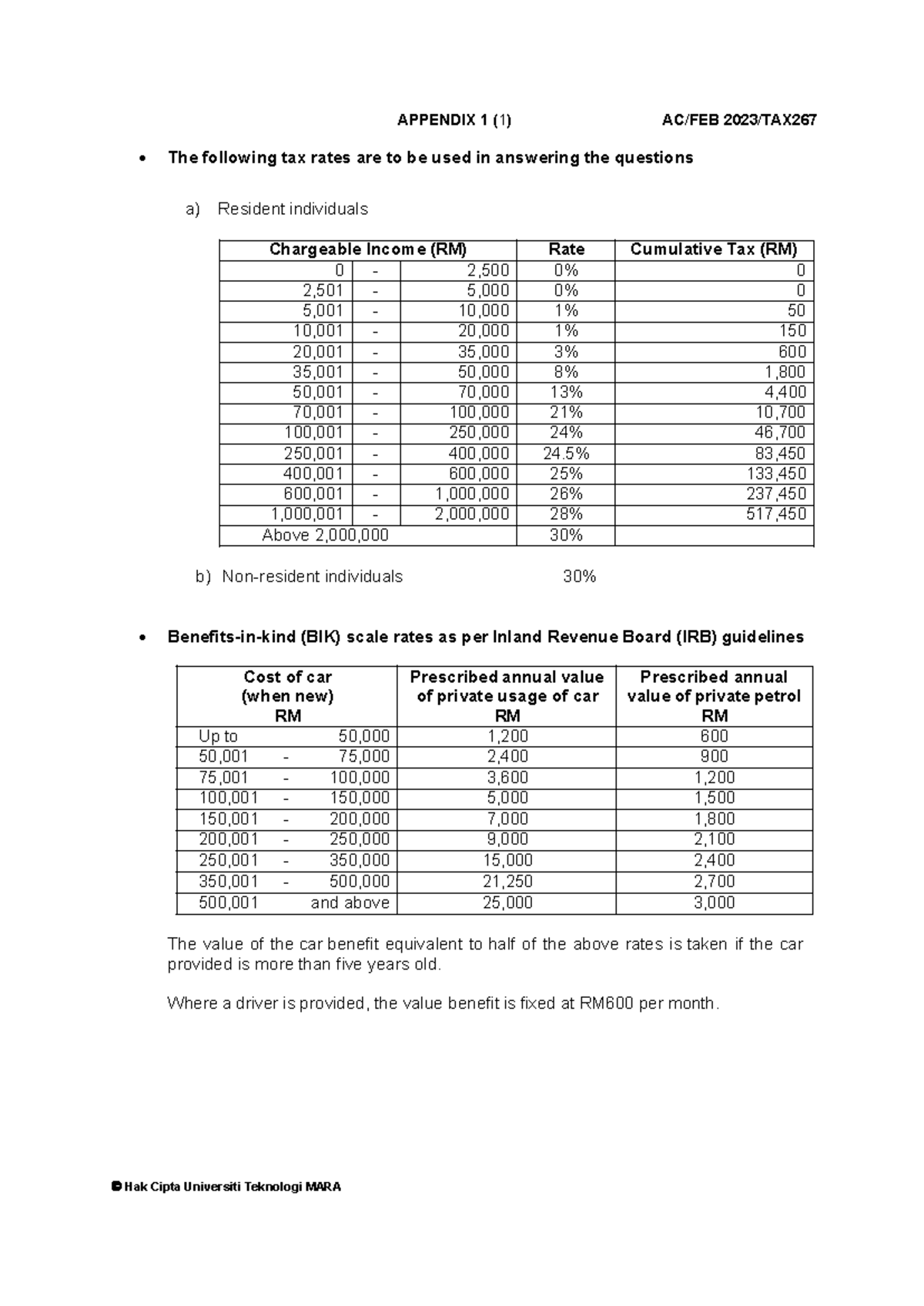 TAX267 FEB2023 Appendix - The following tax rates are to be used in ...