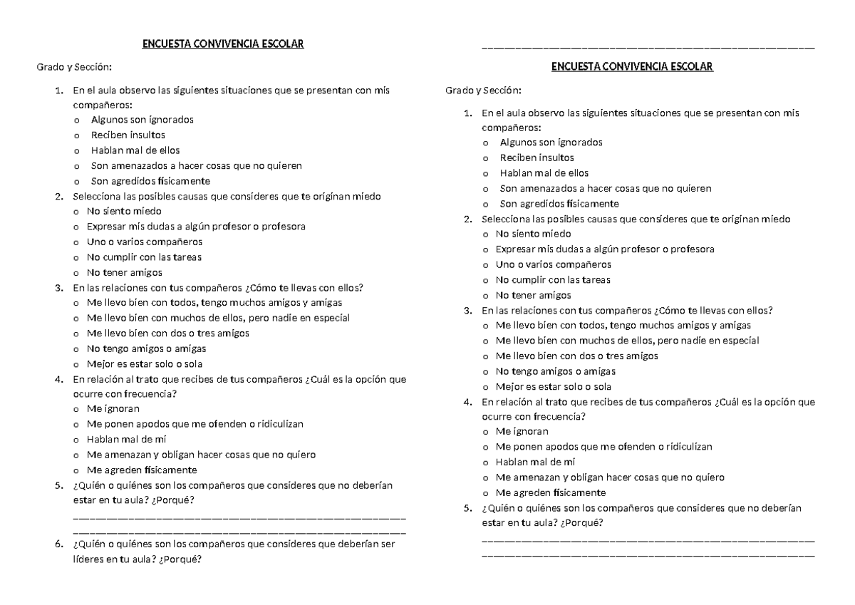 Encuesta Convivencia Escolar - ENCUESTA CONVIVENCIA ESCOLAR Grado y