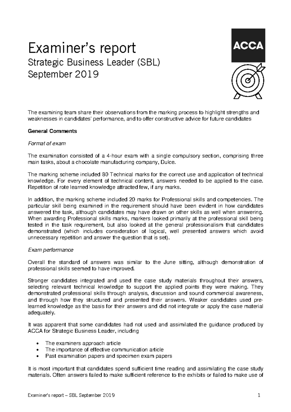 2019 09Sep Examiner's report - Examiner’s report Strategic Business ...