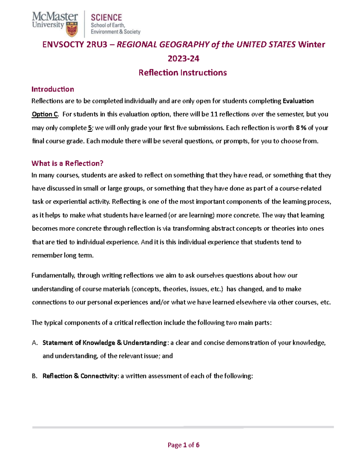 Envsocty 2RU3 - Winter 2024 - Reflection Instructions - ENVSOCTY 2RU3 ...