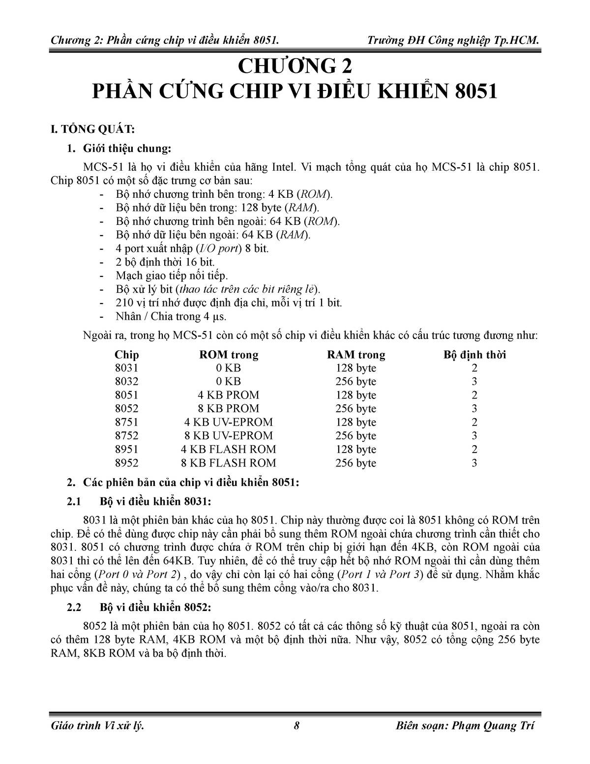 C2 - Vxl - CHƯƠNG 2 PH N C NG CHIP VI ðI U KHI N 8051 I. T NG QUÁT: 1 ...