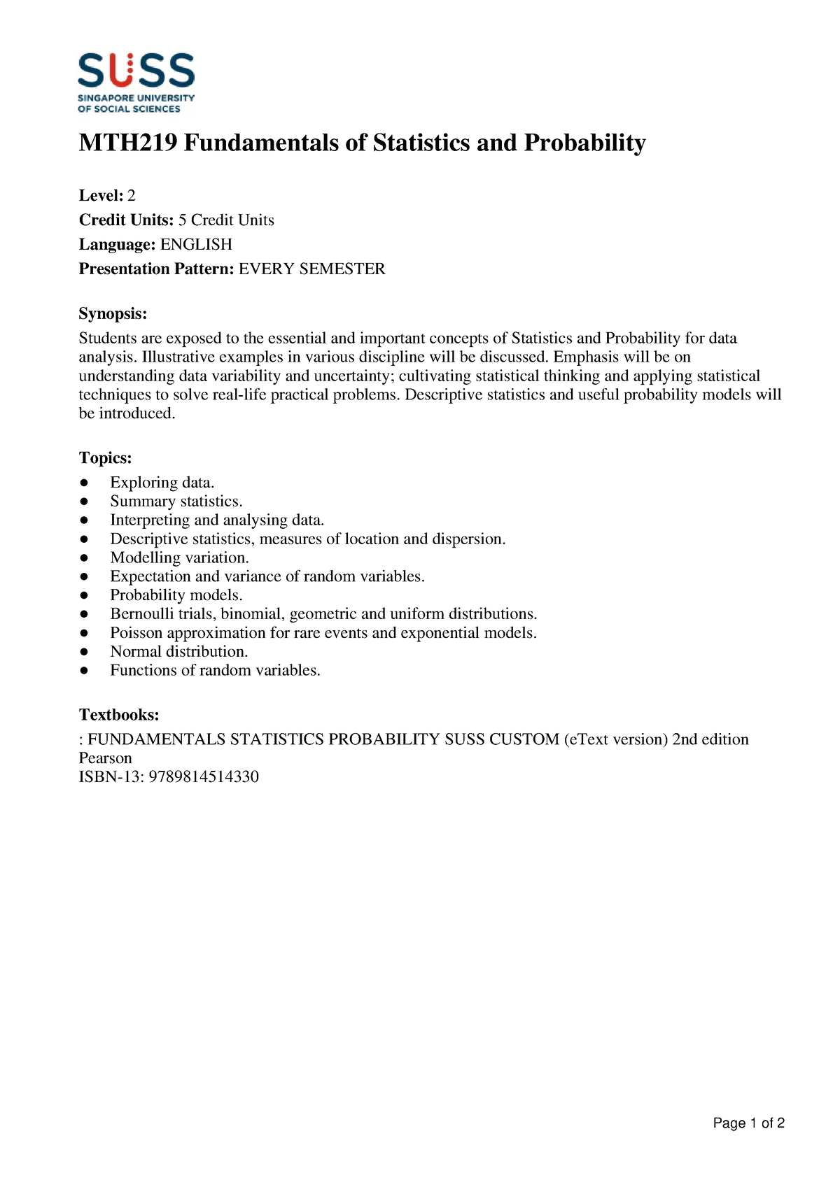 MTH219 - MTH219 Fundamentals Of Statistics And Probability Level: 2 ...