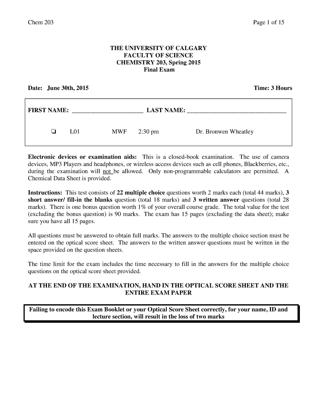 Exam 30 June 2015, questions and answers - Chem 203 Page 1 of 15 THE Sns-Brigh10