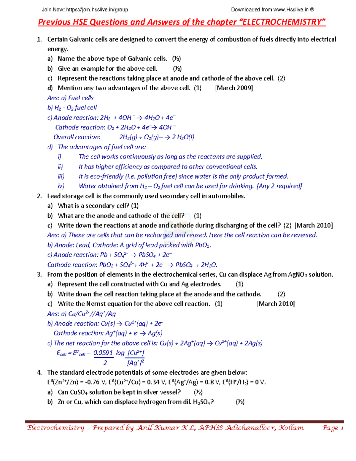 Eletrochemistry Previous HSE Questions and Answers of the chapter “ELECTROCHEMISTRY” Certain