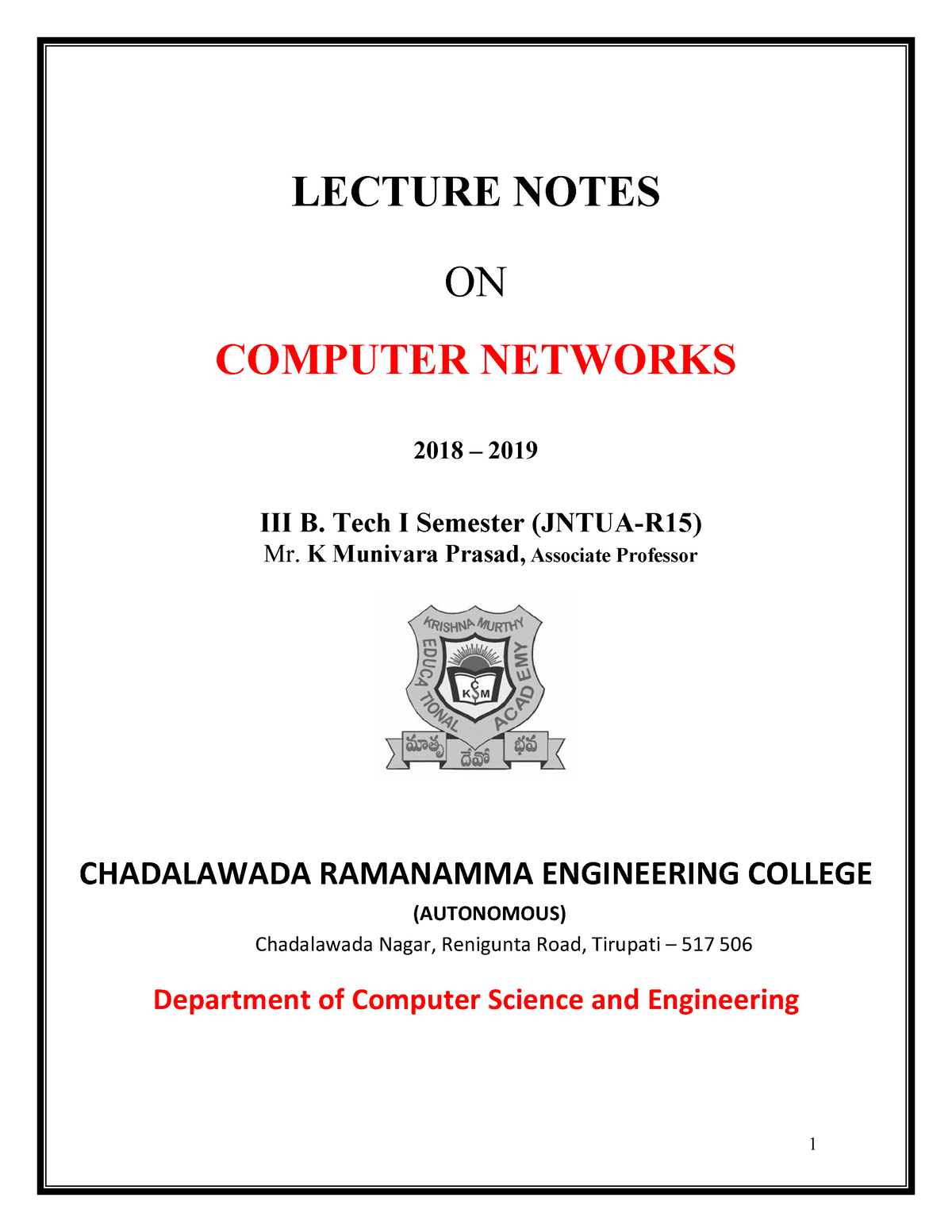 Computer Networks Notes 1 - 1 LECTURE NOTES ON COMPUTER NETWORKS 2018 ...