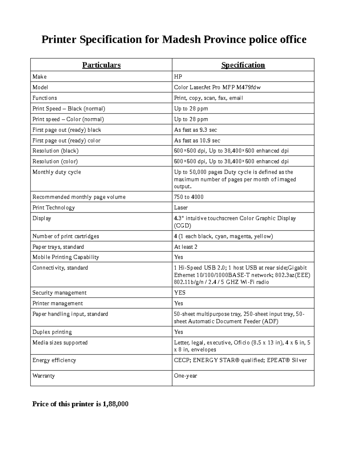 Printer specification - Recommended monthly page volume 750 to 4000 ...