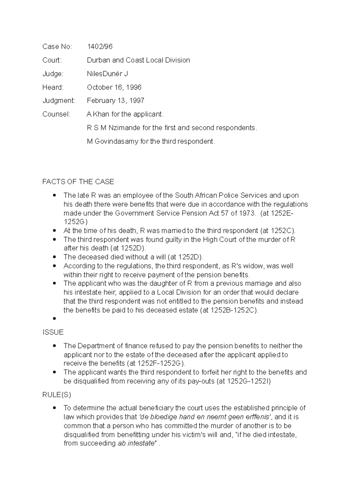 Case Summary Example - Case No: 1402/96 Court: Durban and Coast Local ...