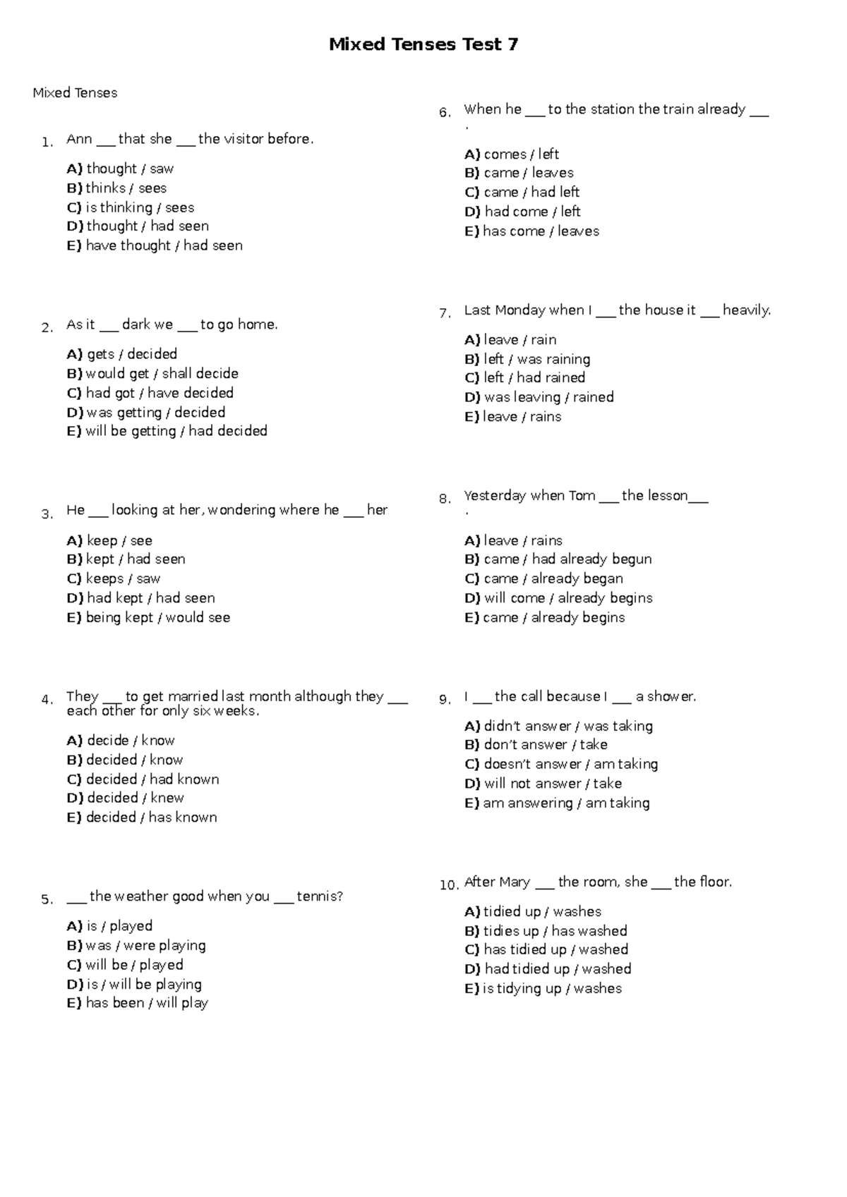 English tenses test pdf with answers englishtestpdf - Mixed Tenses 1 ...