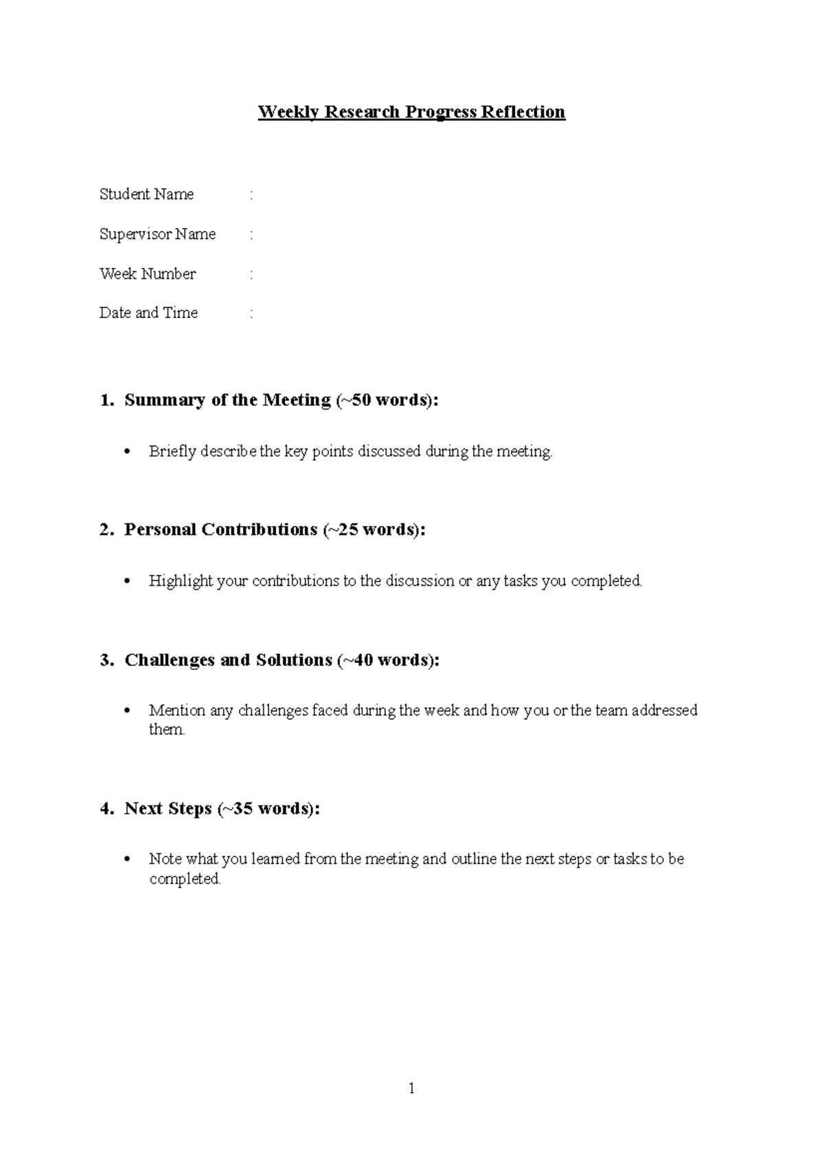 Template reflec - Weekly Research Progress Reflection Student Name ...