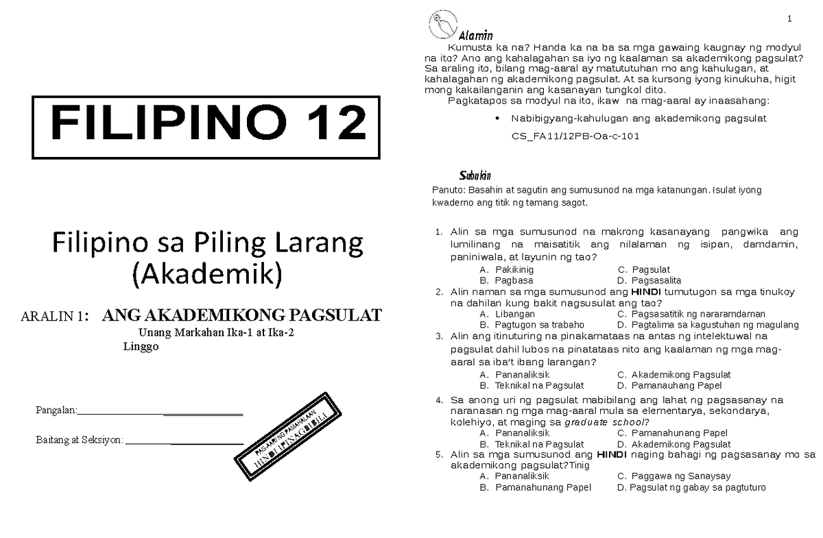 Psfspl Modyul 1 AND 2 Filipino Sept 20 Oct 1 Alamin Kumusta Ka Na