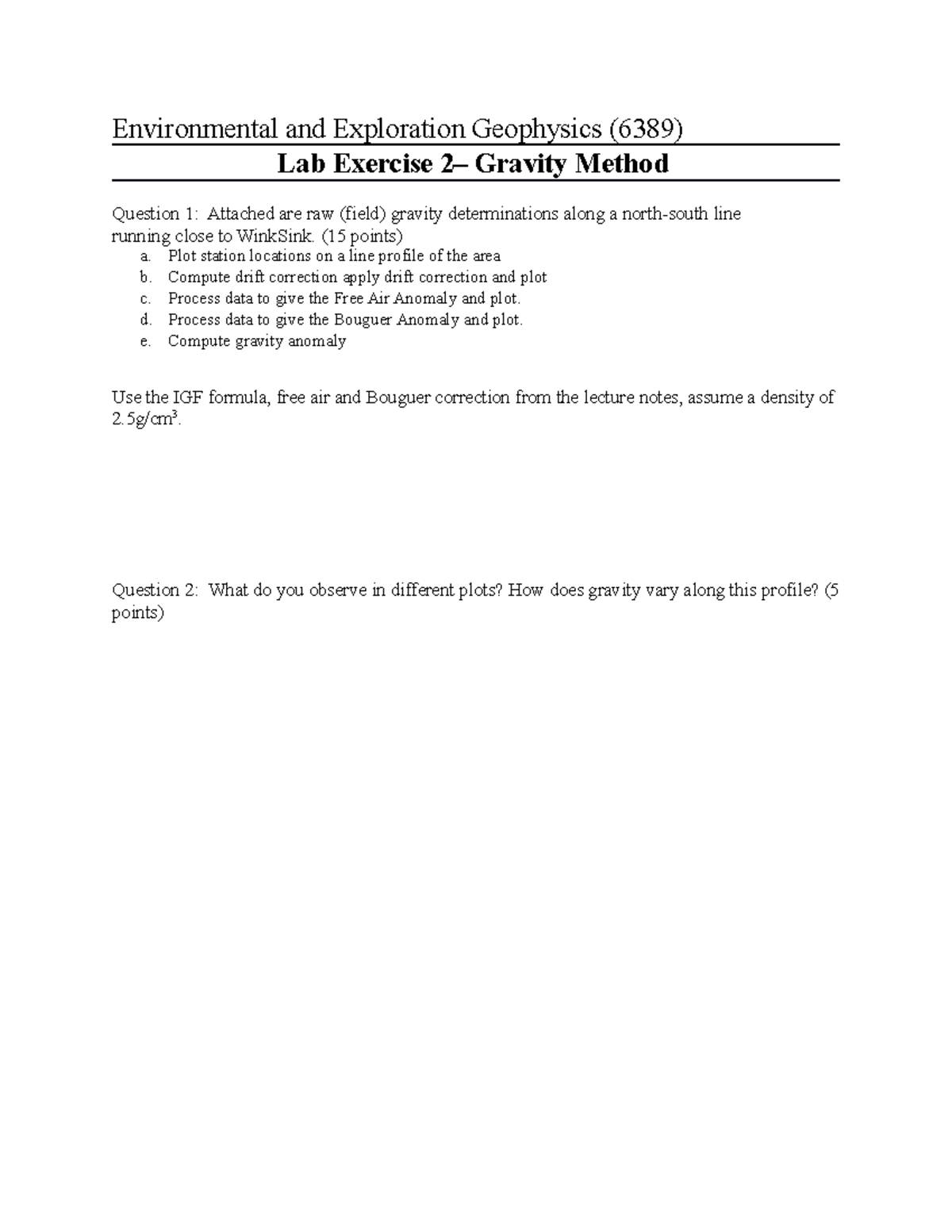 Lab Exercise 2 - Environmental and Exploration Geophysics (6389) Lab  Exercise 2– Gravity Method - Studocu