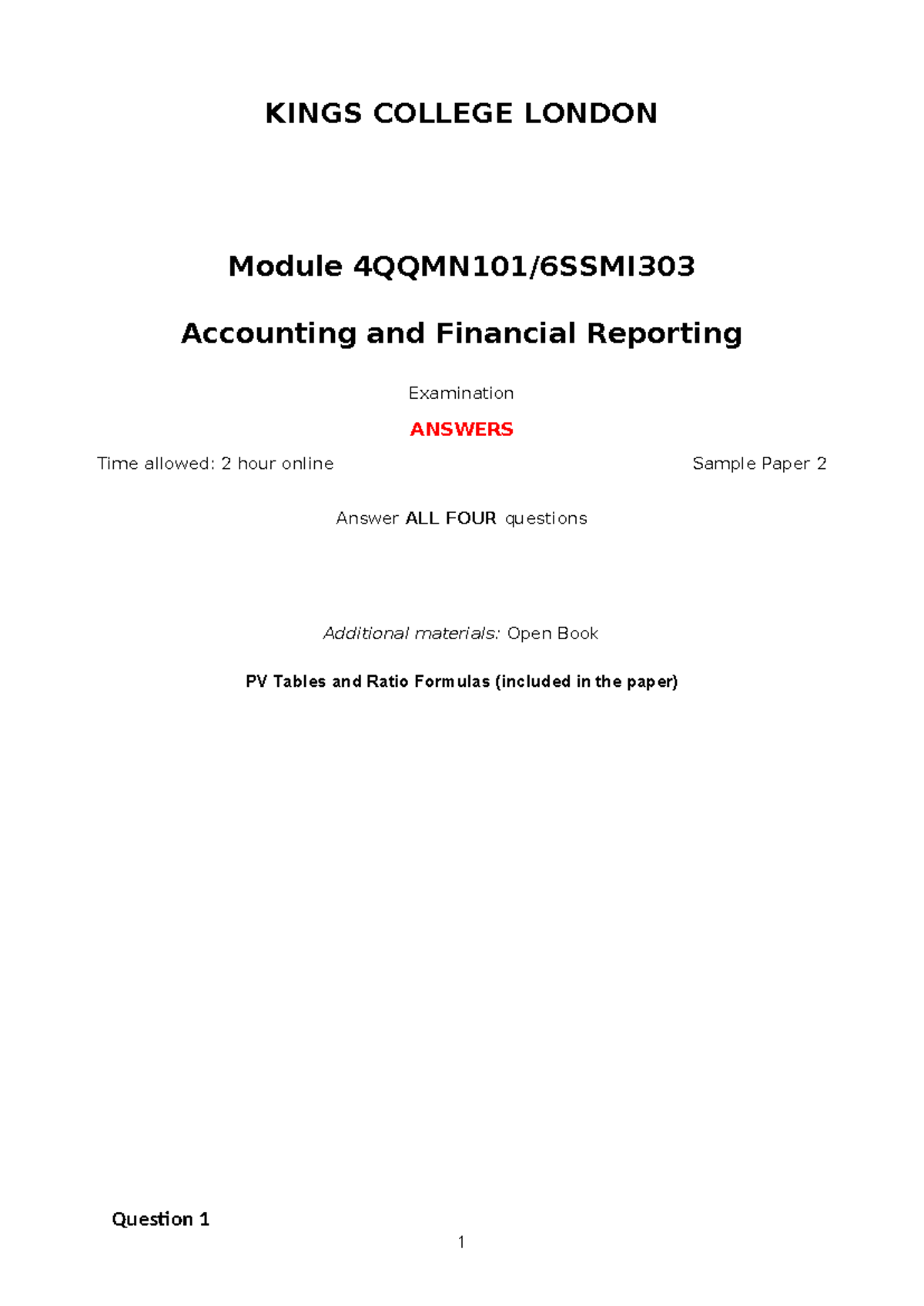 4QQMB101 Exam sample paper 2 Answers - KINGS COLLEGE LONDON Module ...