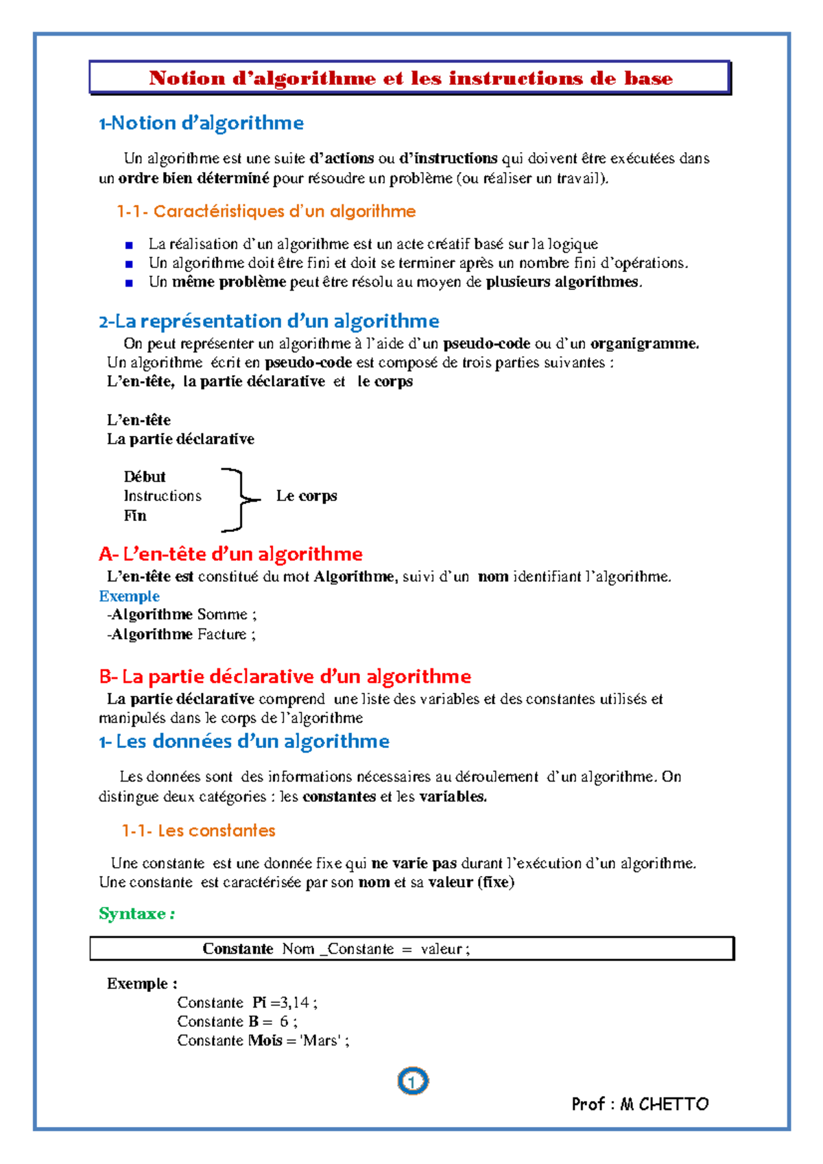 3notion D Algorithme Et Instructions De Base - 1 - Studocu