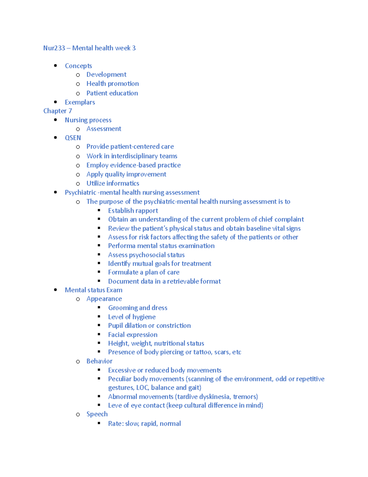 Nur233 mental health notes - Nur233 – Mental health week 3 Concepts o ...