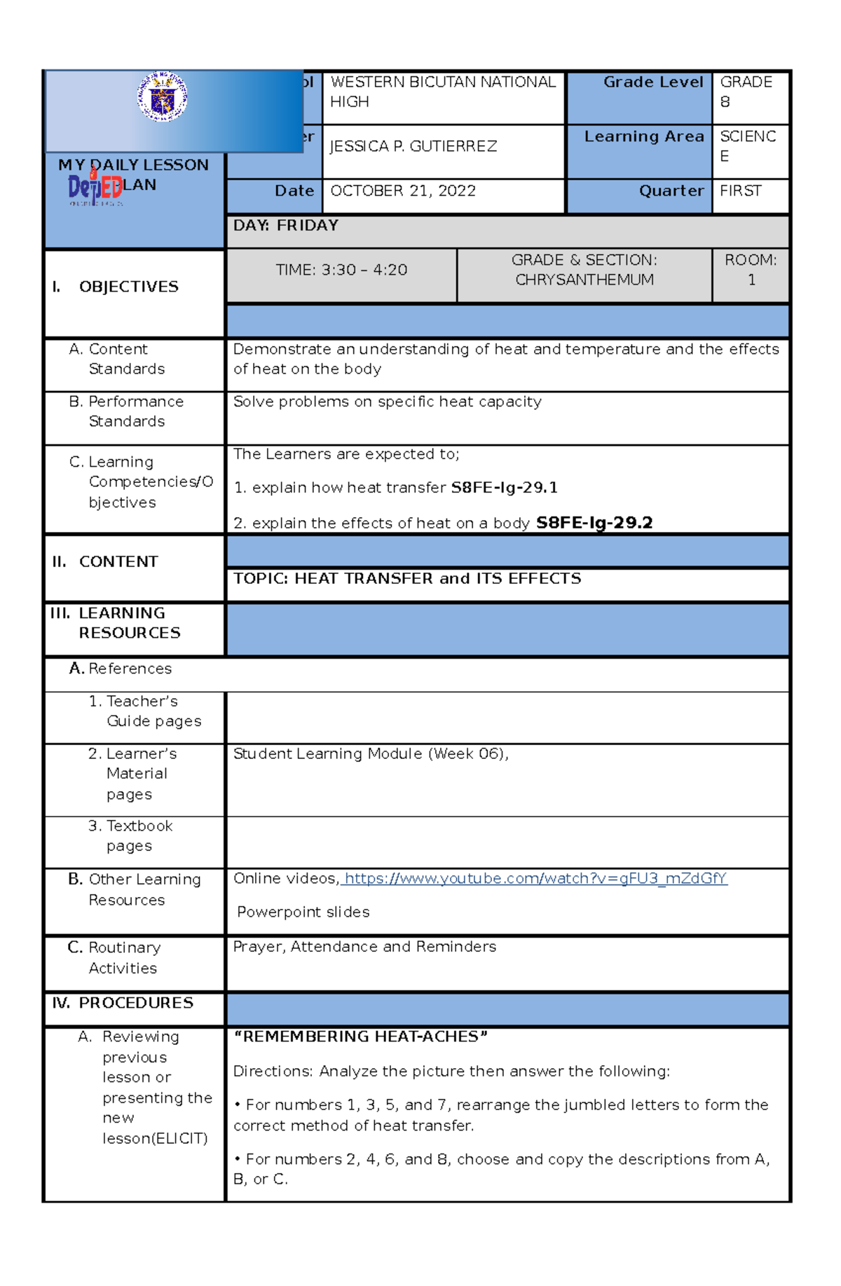 COT DLL2223 - Dll - MY DAILY LESSON PLAN School WESTERN BICUTAN ...