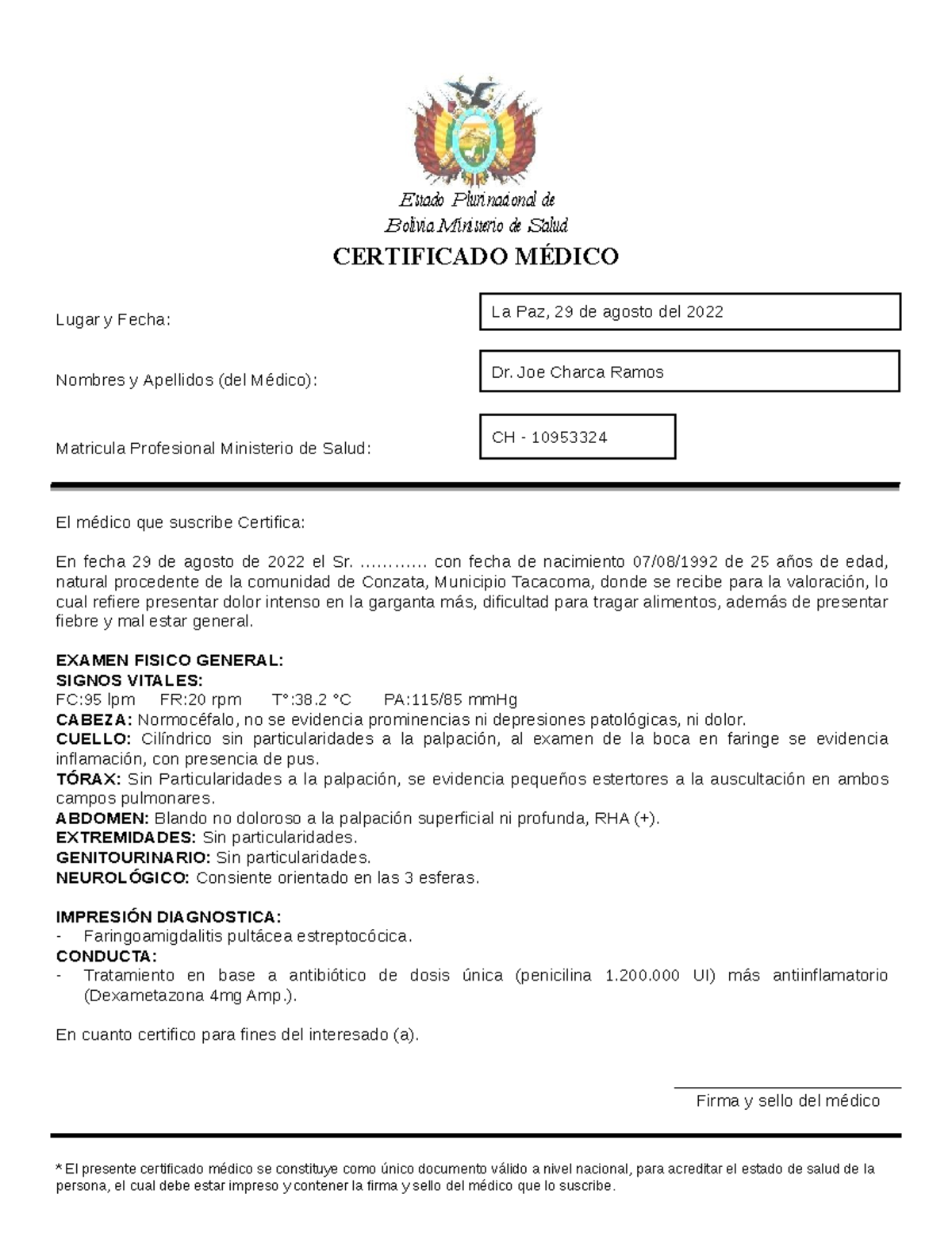 Certificado Medico modelo - Estado Plurinacional de Bolivia Ministerio ...