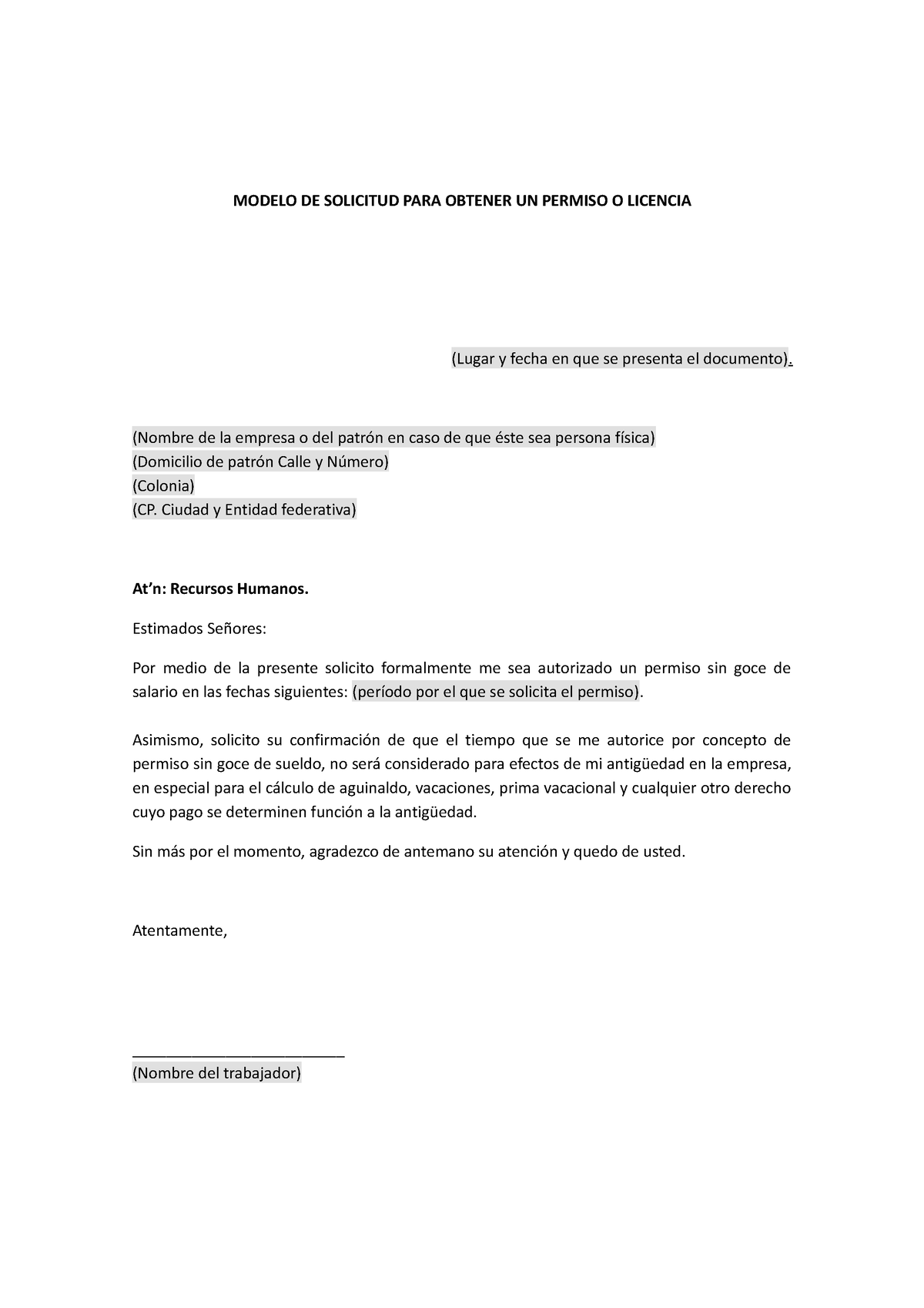 Solicitud De Permiso Con Goce De Sueldo Modelo De Solicitud Para Obtener Un Permiso O Licencia 2979