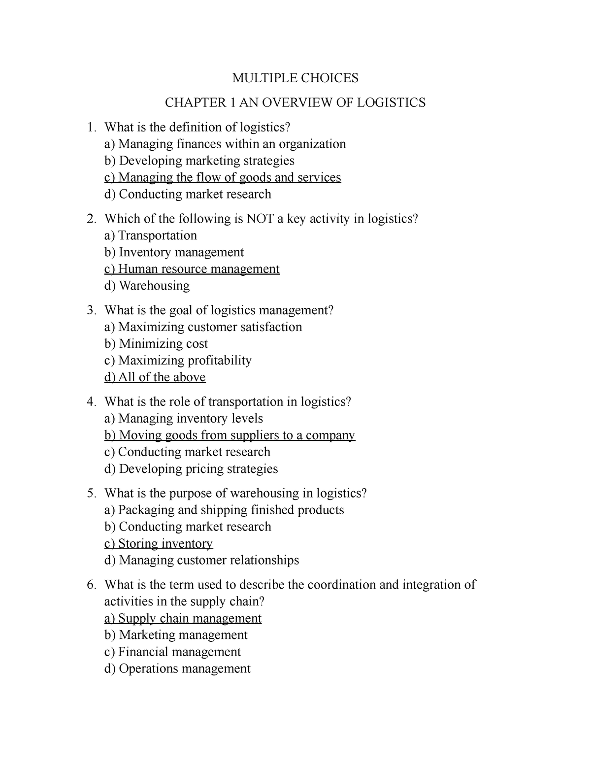 Logistics- Final-EXAM - MULTIPLE CHOICES CHAPTER 1 AN OVERVIEW OF ...